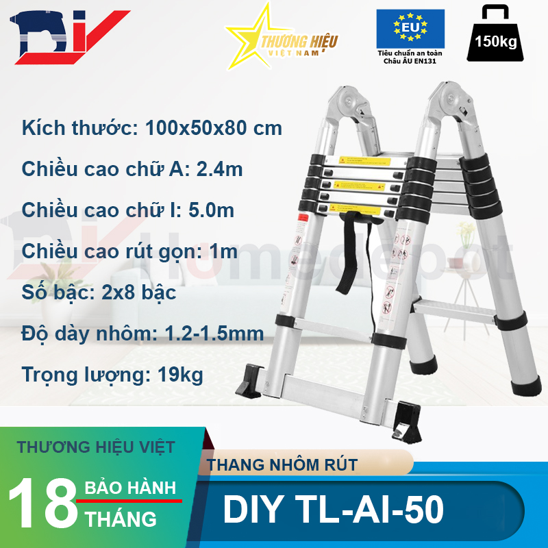 Thang nhôm rút đôi DIY TL-AI-50  chiều cao sử dụng tối đa chữ A 2.4m chữ I 5.0m - Tiêu chuẩn chất lượng an toàn Châu Âu