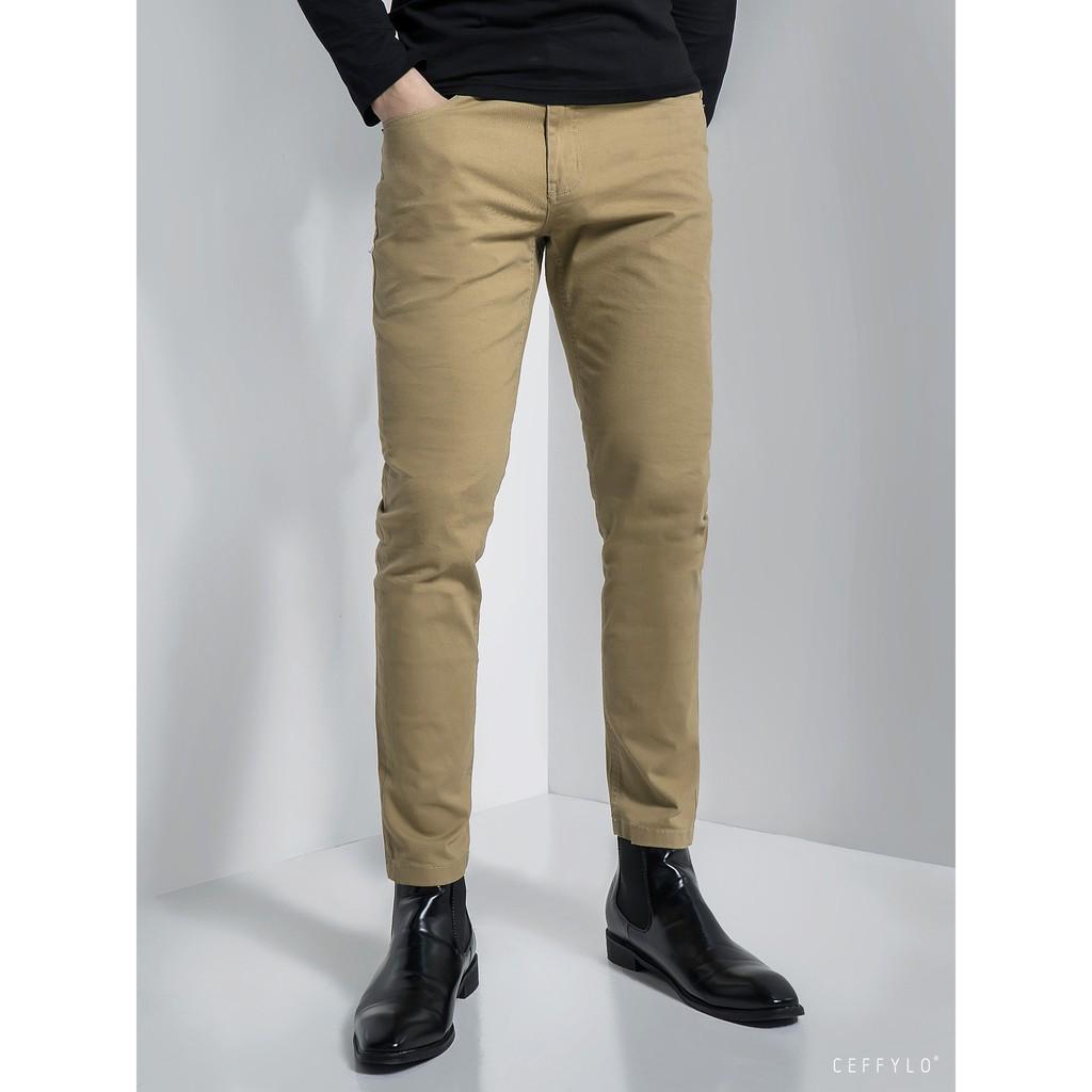 Quần Khaki Túi Jeans trơn Be CEFFYLO, Form Slimfit, Co Giãn