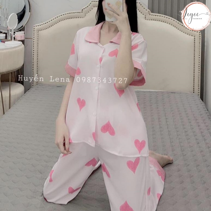Bộ pijama cộc tay nữ lụa latin cao cấp, bộ đồ ngủ nữ họa tiết tim vải siêu xịn DC06_2