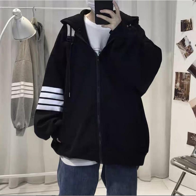 Áo Khoác Hoodie Unisex THOM 4 Sọc Kiểu Zip Kéo Phối Nón Rộng Vải Nỉ Xịn Phong Cách Ulzzang Hàn Quốc Hot Trend Mới