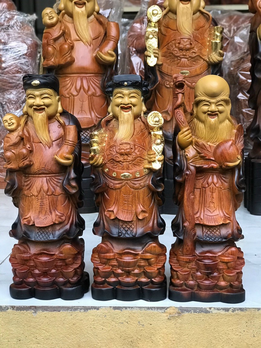 Bộ tượng phật tam đa phúc lộc thọ bằng gỗ hương tô làm mầu giả cổ kt cao 60×18×16cm