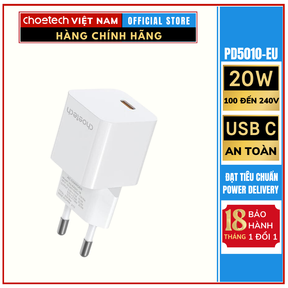 Củ sạc Type C Mini 20w Fast Charger Choetech PD5010-EU (Hàng chính hãng)