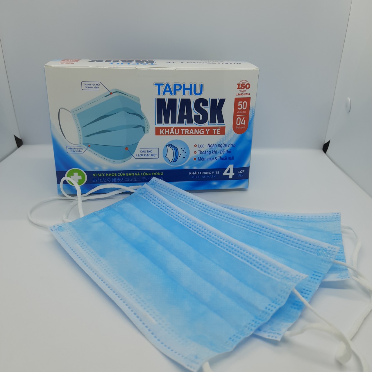 [COMBO 4 HỘP] Khẩu trang y tế 4 lớp hộp 50 cái màu xanh vải kháng khuẩn, có gọng mũi TAPHU MASK đạt tiêu chuẩn chất lượng của Bộ Y Tế