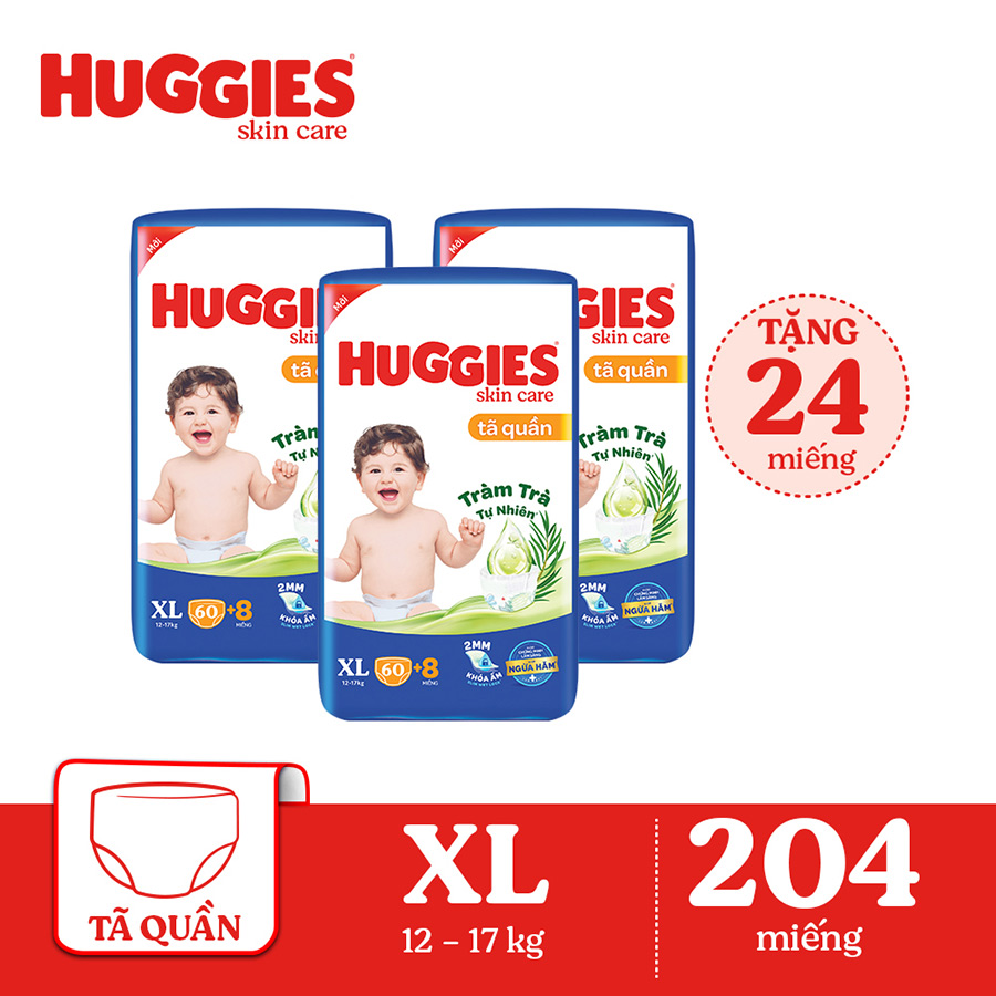 Combo 3 Tã/bỉm quần HUGGIES SKINCARE gói SUPER JUMBO size XL 60+8 miếng