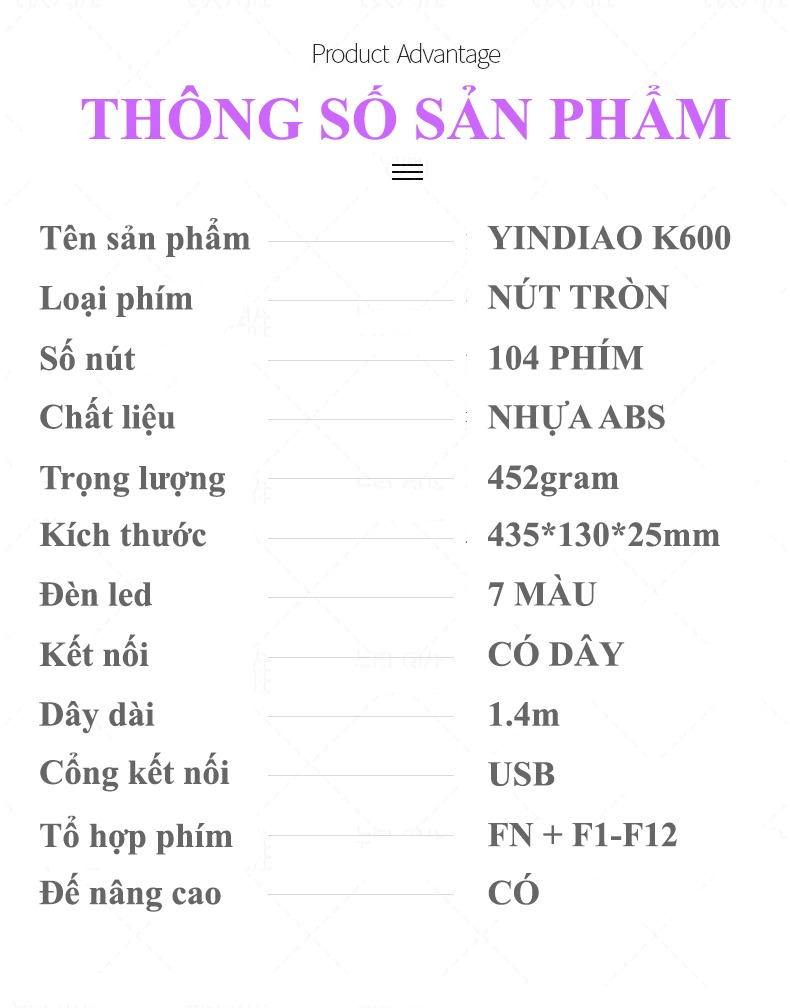 Bàn phím YINDIAO K600 giả cơ nút tròn nhiều màu sắc và có đèn led xuyên phím chuyên game - HÀNG CHÍNH HÃNG