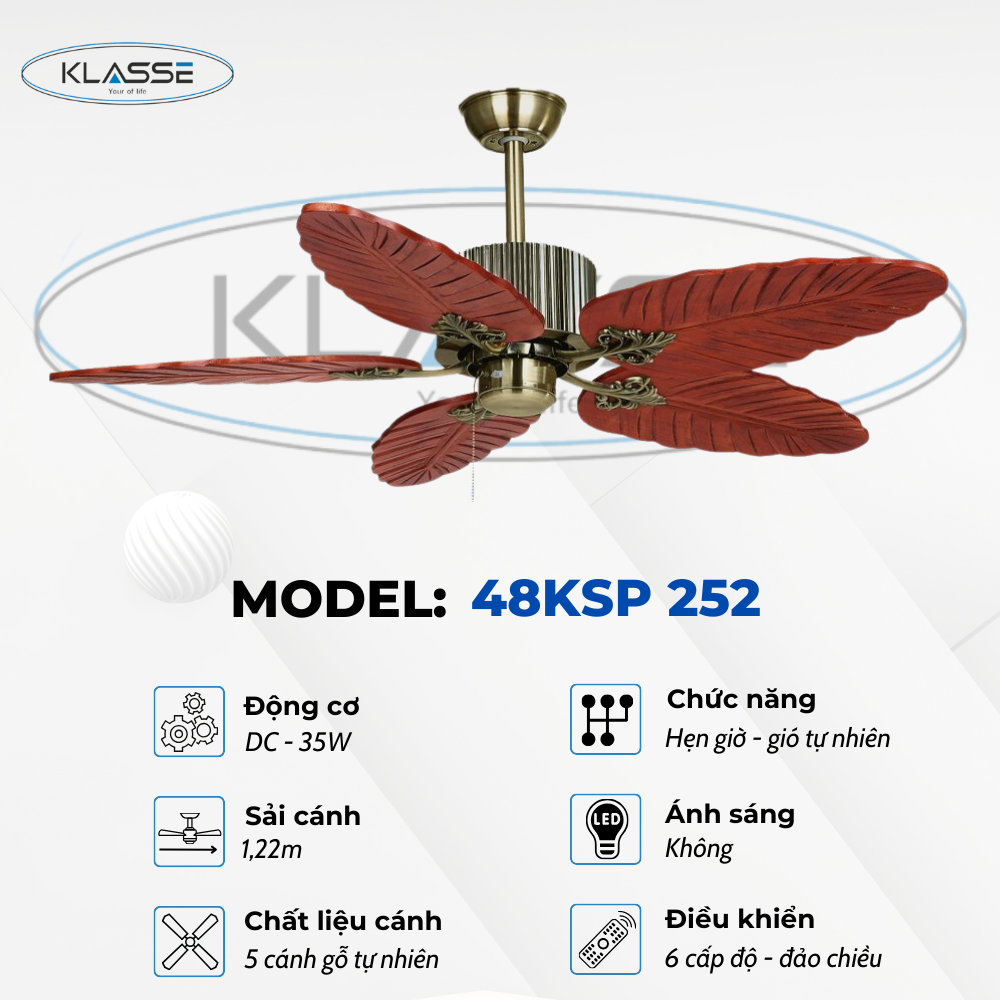 Quạt trần cánh gỗ không đèn Klasse 48KSP 252 Hàng chính hãng