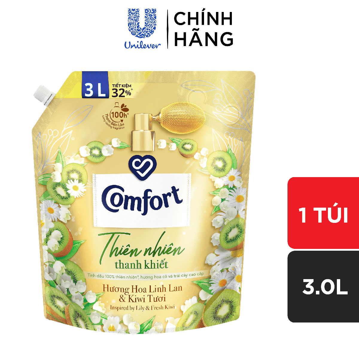 Nước Xả Vải Comfort Thiên Nhiên Thanh Khiết Hương Hoa Linh Lan & Kiwi Tươi Túi 3.0L