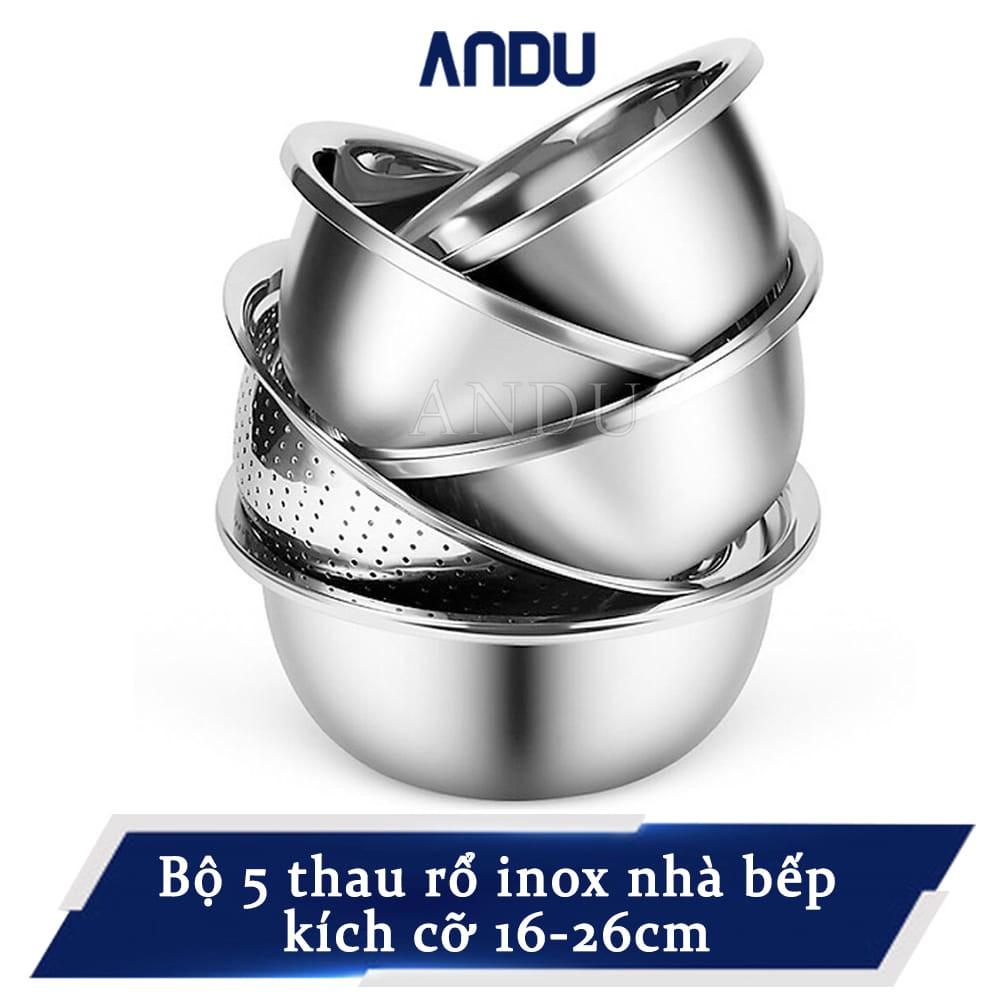 Bộ Thau Rổ Inox Nhà Bếp 5 Món Bằng Inox Đủ Size Từ 18 - 26Cm Tiện Dụng, Dày Dặn