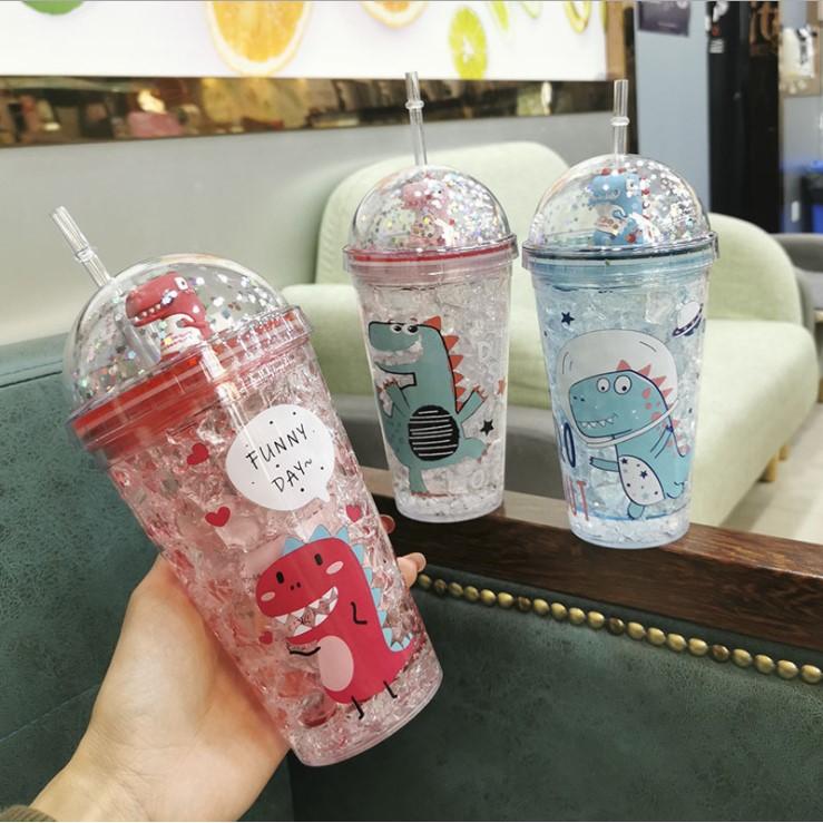 Ly Giữ Nhiệt Khủng Long 3D 380ml Kim Tuyến Nhiều Màu Sắc Dễ Thương Cute - Kèm Ống Hút