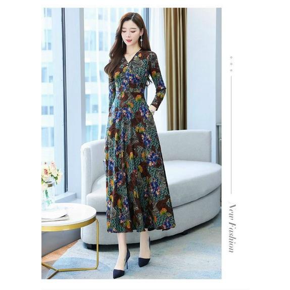 HÀNG NHẬP - ĐẦM MAXI THUN LỤA TAY DÀI IN HỌA TIẾT