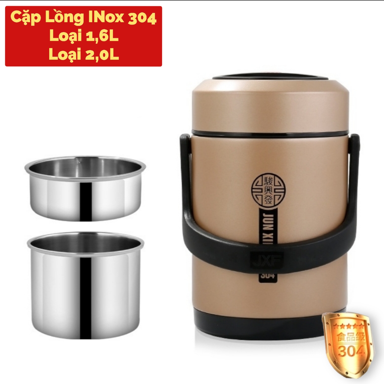 Cặp lồng ủ cơm cháo HAK1 inox 304# cao cấp 1,2 Lít / 1,6 lít và 2 lít chống tràn