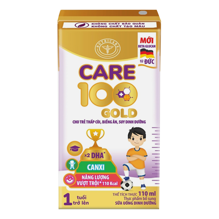 Thùng sữa nước Nutricare Care 100 Gold - phát triển toàn diện cho trẻ từ 1 tuổi (110ml x 48 hộp)