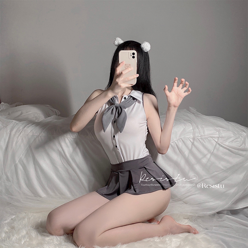 Váy Ngủ Sexy Cosplay Nữ Sinh Chân Váy Xám Ngực Cà Vạt Nơ