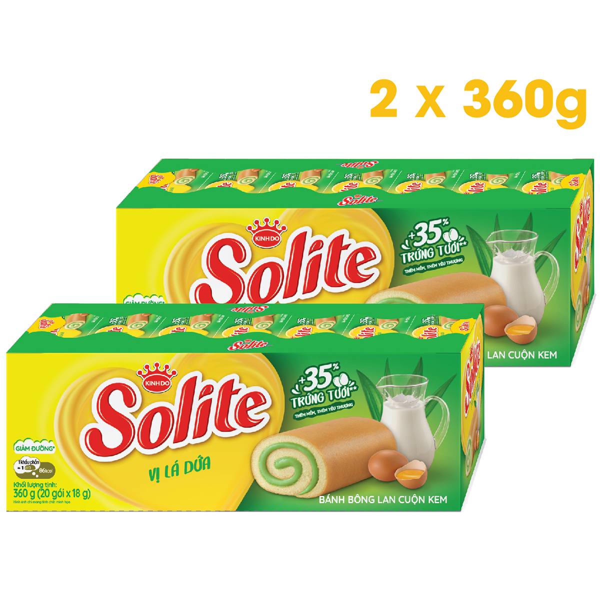 Combo 2 khay Solite bánh dinh dưỡng bông lan cuộn, giảm đường, vị lá dứa 2x360g