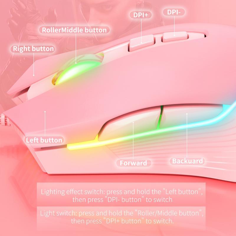 Chuyên Nghiệp Onikuma Cw905 Cô Gái Hồng Chuột Chơi Game Có Dây Trò Chơi Cơ Khí Chuyên Dụng RGB Màu Chuột Cho Laptop Game Thủ
