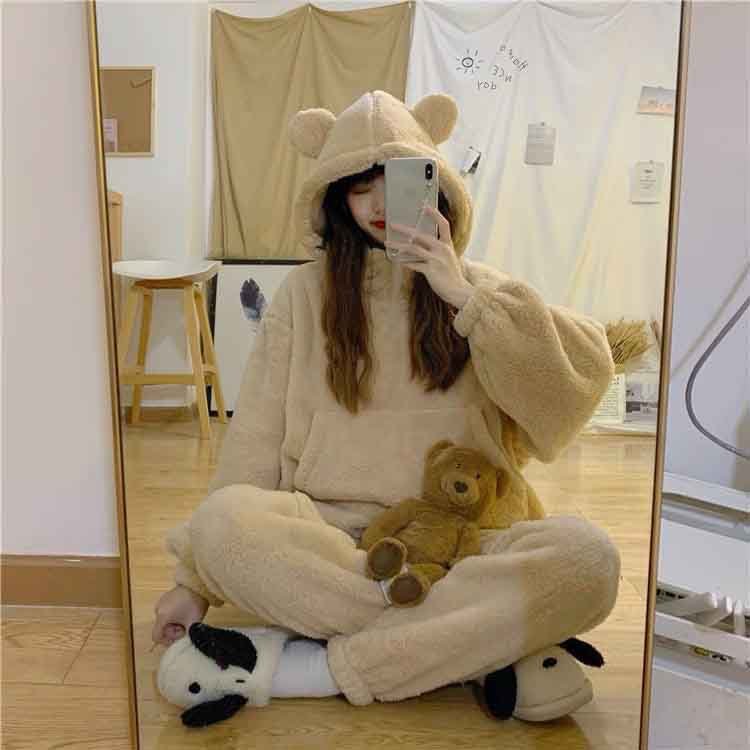 Bộ đồ ngủ lông cừu nữ tai gấu túi trước siêu ấm áp, Đồ bộ mặc nhà nữ áo hoodie siêu sinh nhiệt bất chấp rét đại hàn