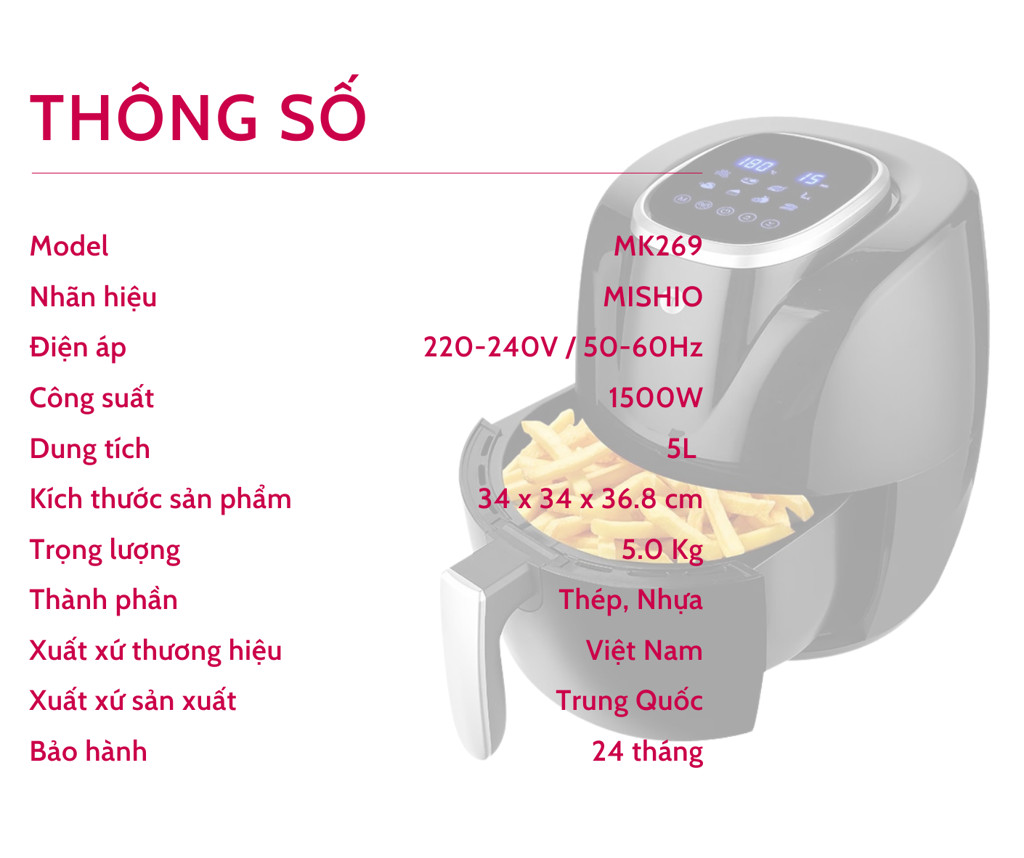 Nồi Chiên Không Dầu điện tử 5.0L Mishio MK269 - hàng chính hãng