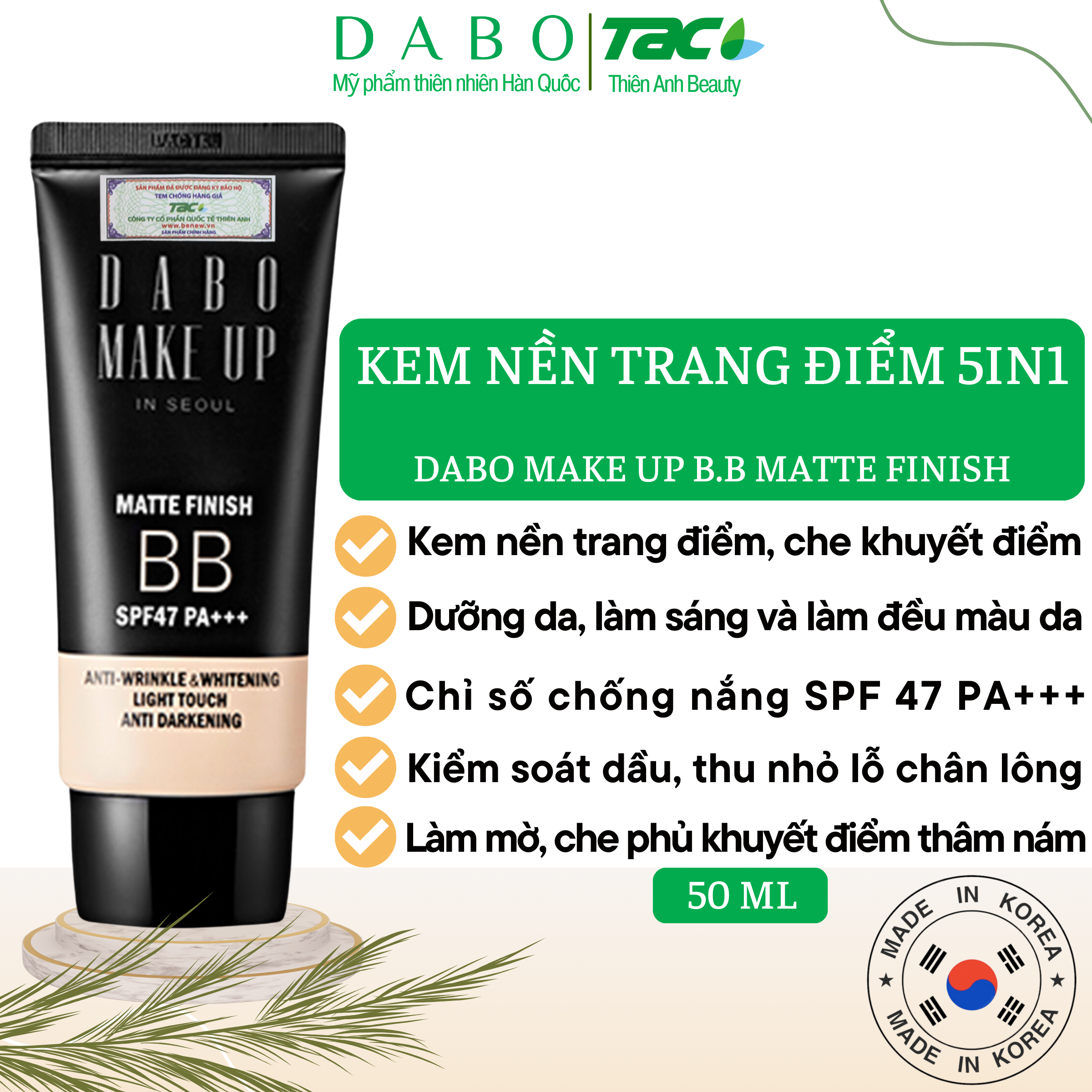 Kem Nền B.B DABO Make-up BB Matte SPF47 PA+++ Kem Trang Điểm Lót Nền 5in1 50ml
