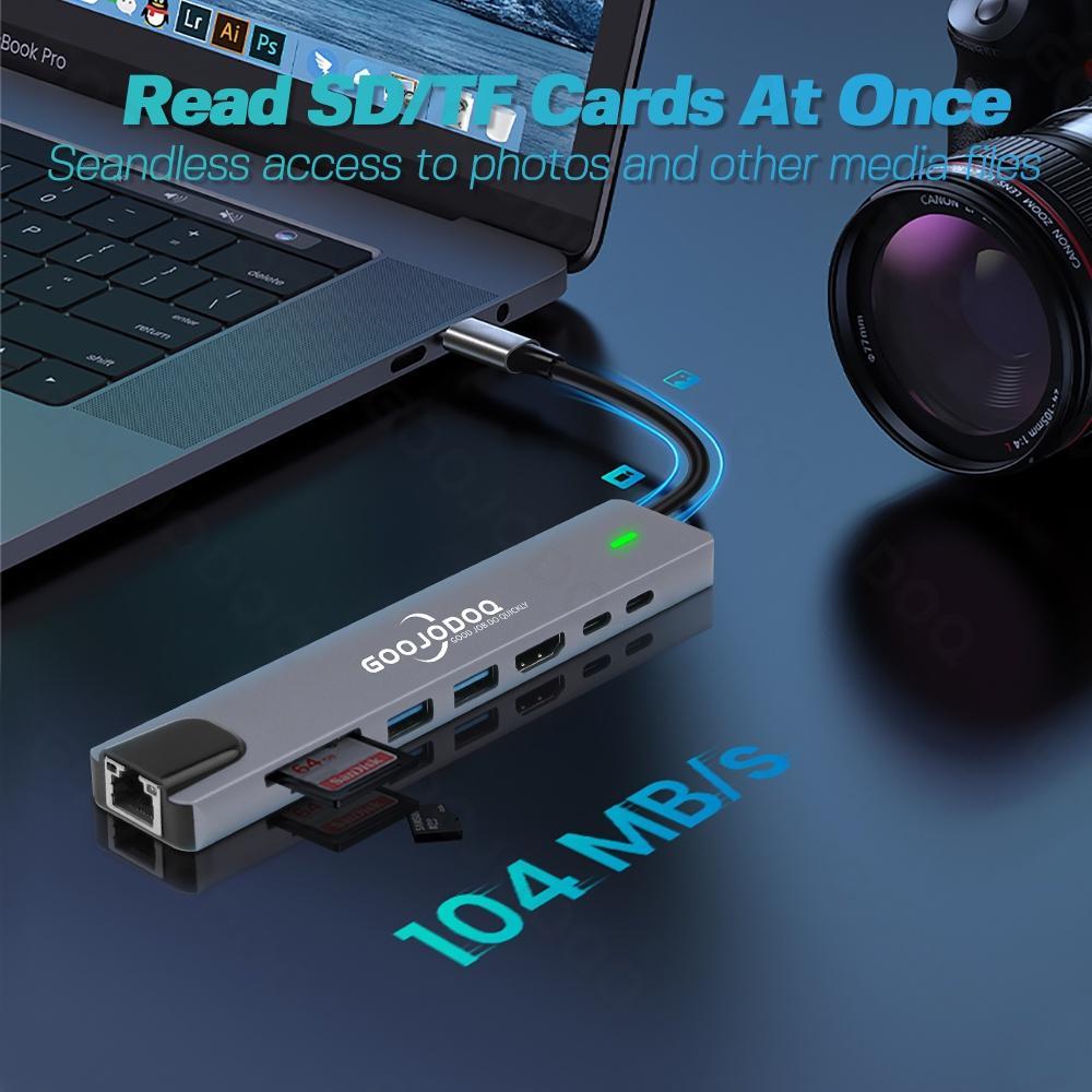 Bộ chuyển đổi GOOJODOQ từ Type C ra đa cổng kết nối 8 trong 1 cho laptop táo Pro