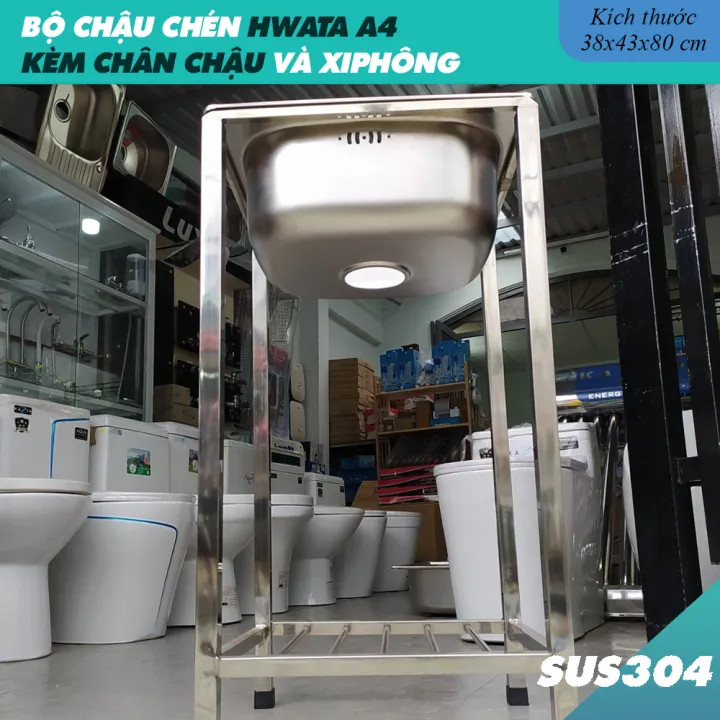 Bộ Chậu Rửa Chén Bát Có Chân HWATA A4 - Chậu Inox 304 kích thước 38x43cm kèm chân và bộ xả chống hôi