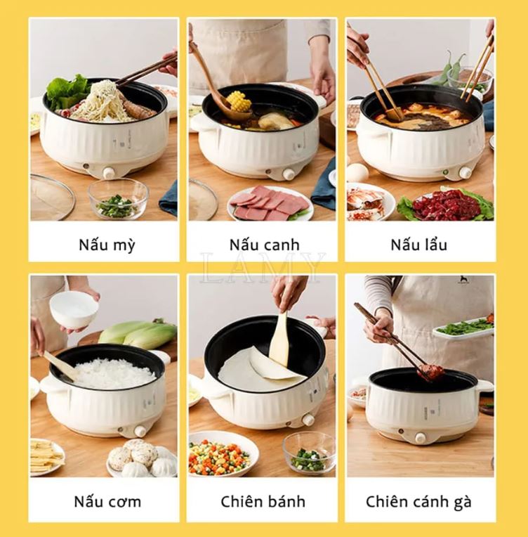 Nồi lẩu điện đa năng 28cm, Ceramic vân đá chống dính công suất 1000W tiện dụng 3 nấc nhiệt - Tặng Xửng Inox D Danido