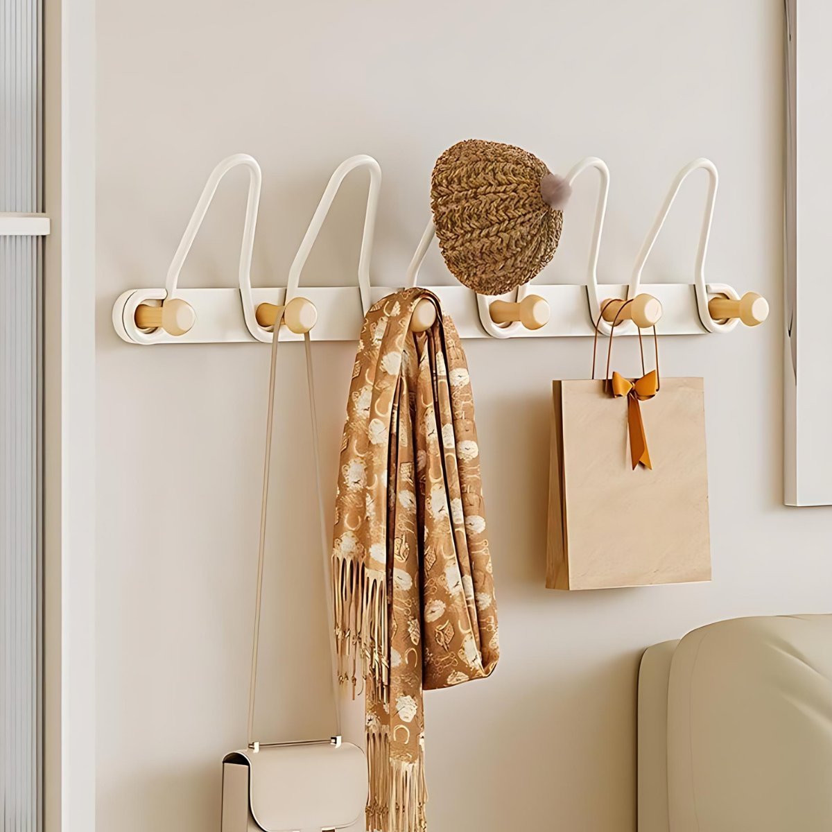 Móc treo tường vòng cung kim loại nút gỗ tròn Dola Home, dán tường, dán kính, dán cửa gỗ, cửa nhôm, không cần khoan đục