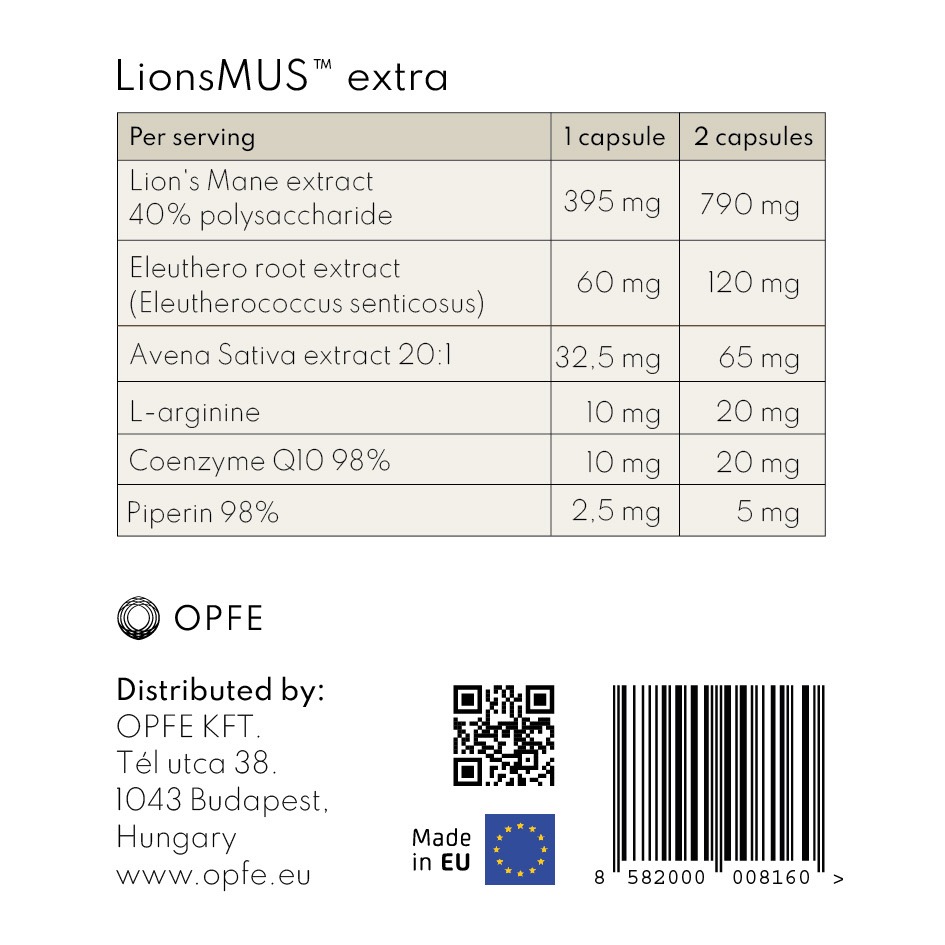 Thực phẩm BVSK OPFE LionsMUS extra capsules (30 viên), Hungary (Nấm Bờm Sư Tử)