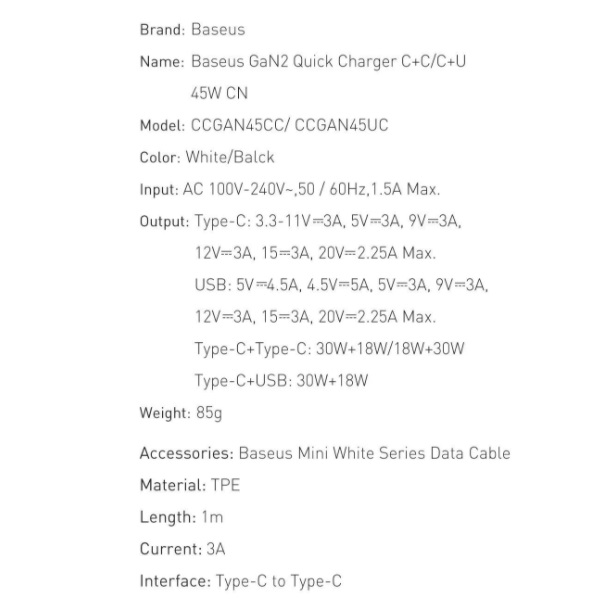 Bộ cốc sạc nhanh đa năng siêu nhỏ gọn Baseus GaN2 Mini Quick Charger C+U 45W (PD/QC3.0/ BPS/ SCP/ FCP/ AFC Multi Quick Charge Technology Support) - Hàng nhập khẩu
