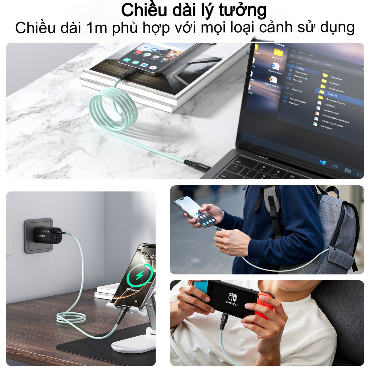 Cáp sạc nhanh Type C to Type C 100W Choetech XCC-1081 thiết kế từ tính - Hàng chính hãng