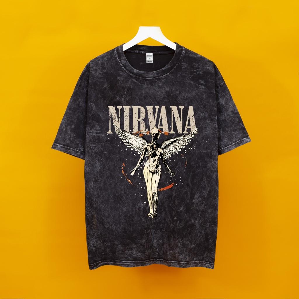 Áo thun Wash loang NIRVANA trắng Hogoto shop , Áo thun unisex nam nữ form rộng oversize chất liệu Cotton