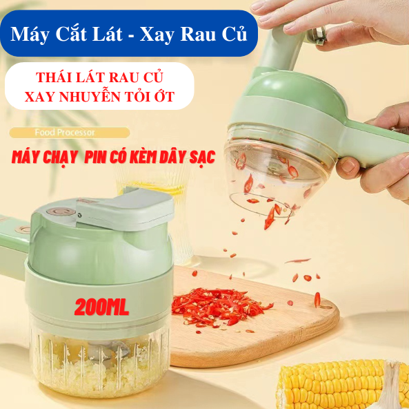Máy Cắt Lát Xay Rau Củ Cầm Tay Cao Cấp 2in1 - Máy Thái Rau Củ Đa Năng - Máy Xay Tỏi Ớt - Máy Thái Lát Rau Củ Thực Phẩm Máy Xay Cầm Tay Sạc Điện