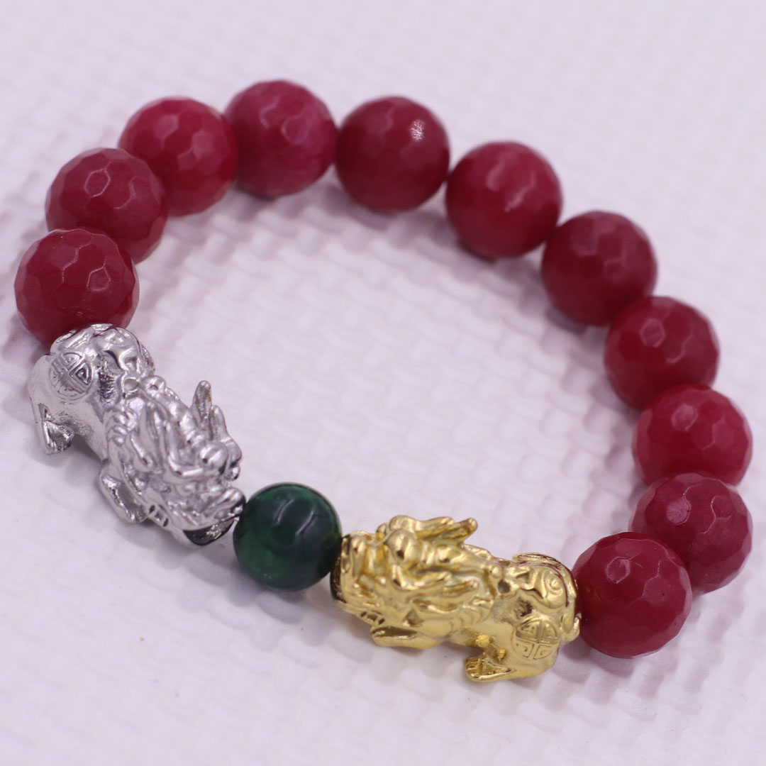 Vòng chuỗi đeo tay đa thạch anh đỏ cắt giác 12 ly charm tỳ hưu đôi inox trắng và vàng, vòng chuỗi phong thủy, charm tỳ hưu, vòng tay hạt chuỗi