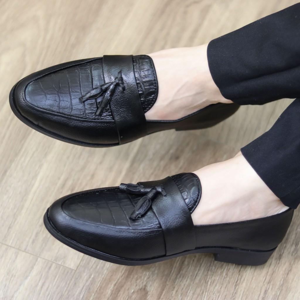 Giày lười da nam dập vân cá sấu, có chuông - Đế cao su non cao 3cm, Mã x091C, Màu Đen- Hàng Việt