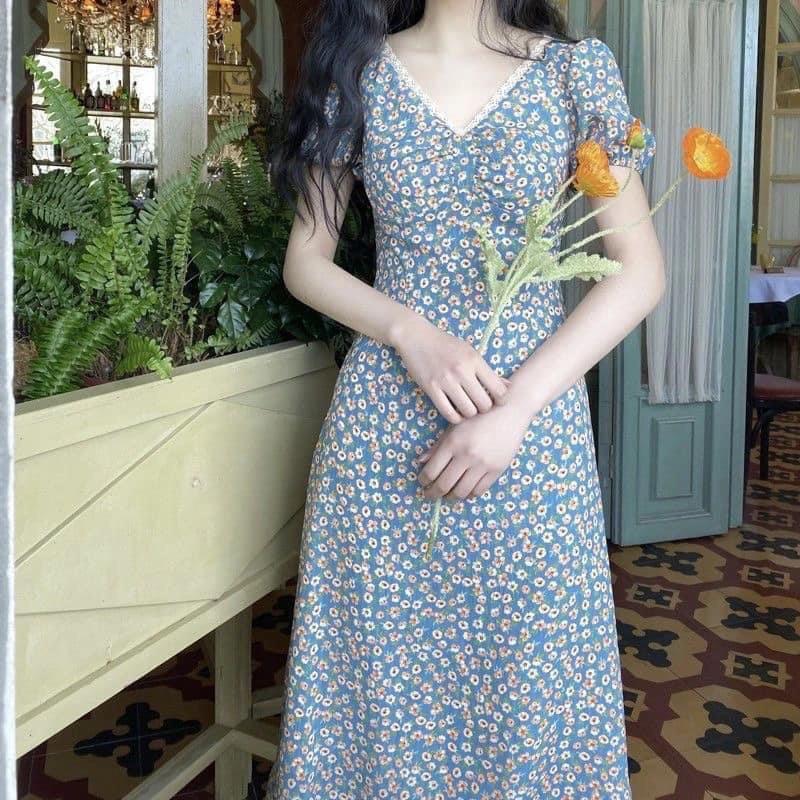 Váy đầm hoa nhí xanh vintage cổ V viền ren tiểu thư V115