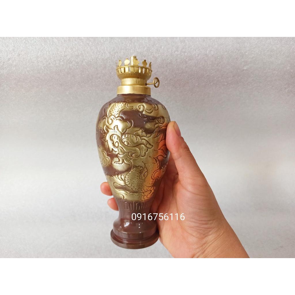 Đèn Dầu 29cm bằng Đồng, Đèn Dầu Chạm Long Phụng 29cm cả bóng, Đèn Thờ Cúng Bằng Đồng Đốt Dầu