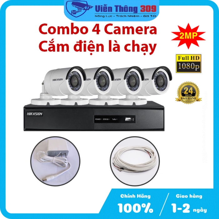 Trọn Bộ 4 Camera vỏ sắt Hikvision 16d0t-ir 2.0 mp Full HD 1080P kèm ổ cứng 500g và 80 mét dây đúc sẵn - Hàng chính hãng