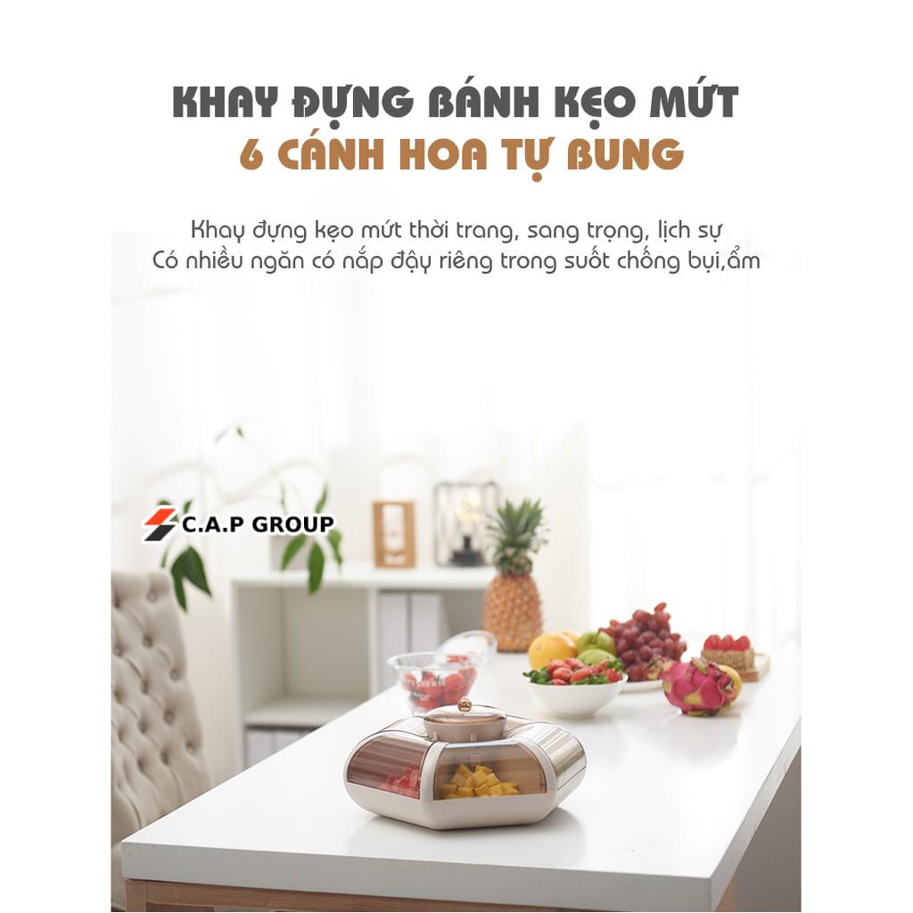 Khay đựng mứt tết bánh kẹo đồ ăn 6 cánh hoa sen tự bung thông minh, sang chảnh - Hộp đựng mứt tết 2021