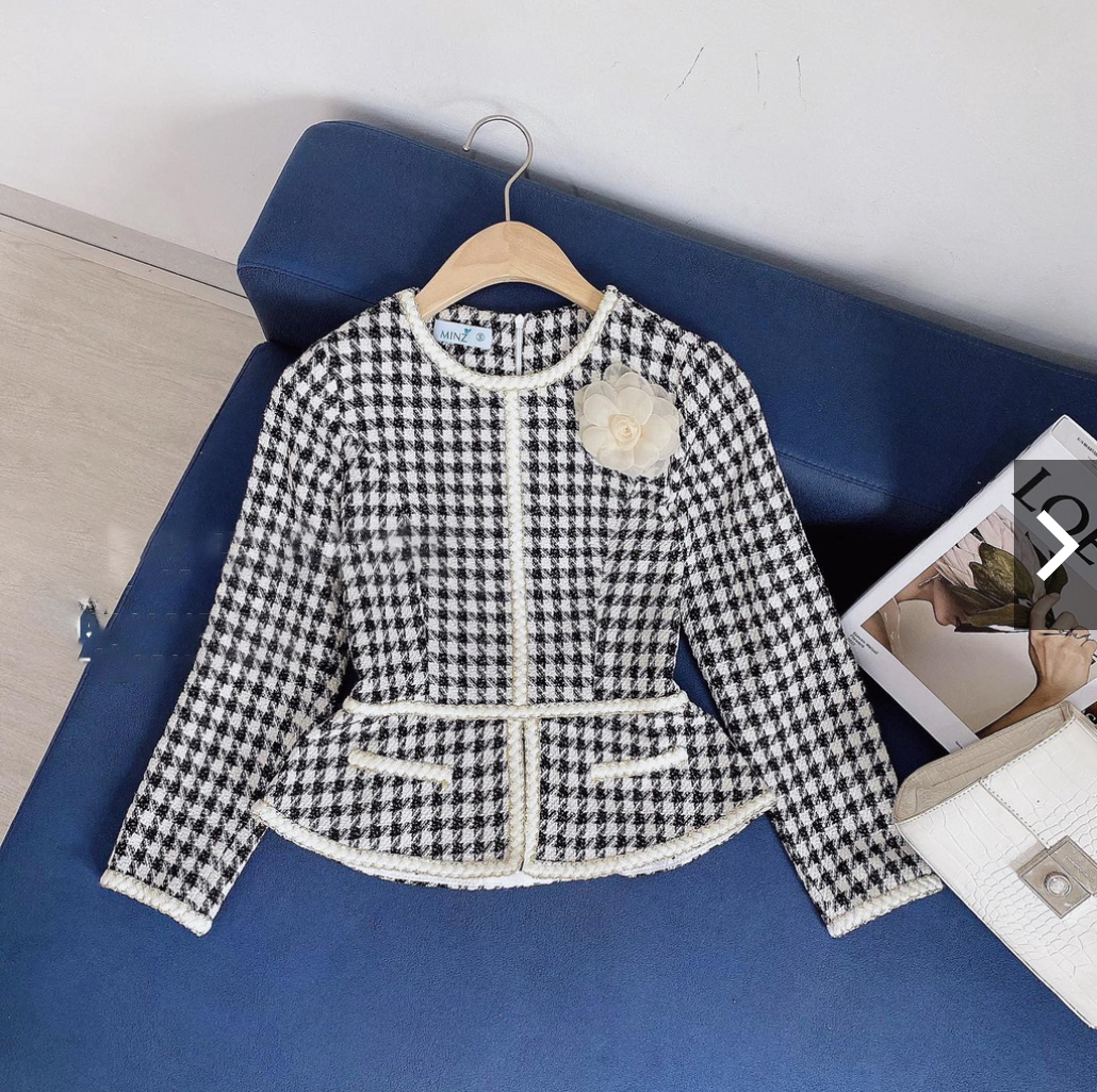 Áo dạ tweed trắng đen peplum công sở hàn quốc sang chảnh tay dài zíc zắc cao cấp