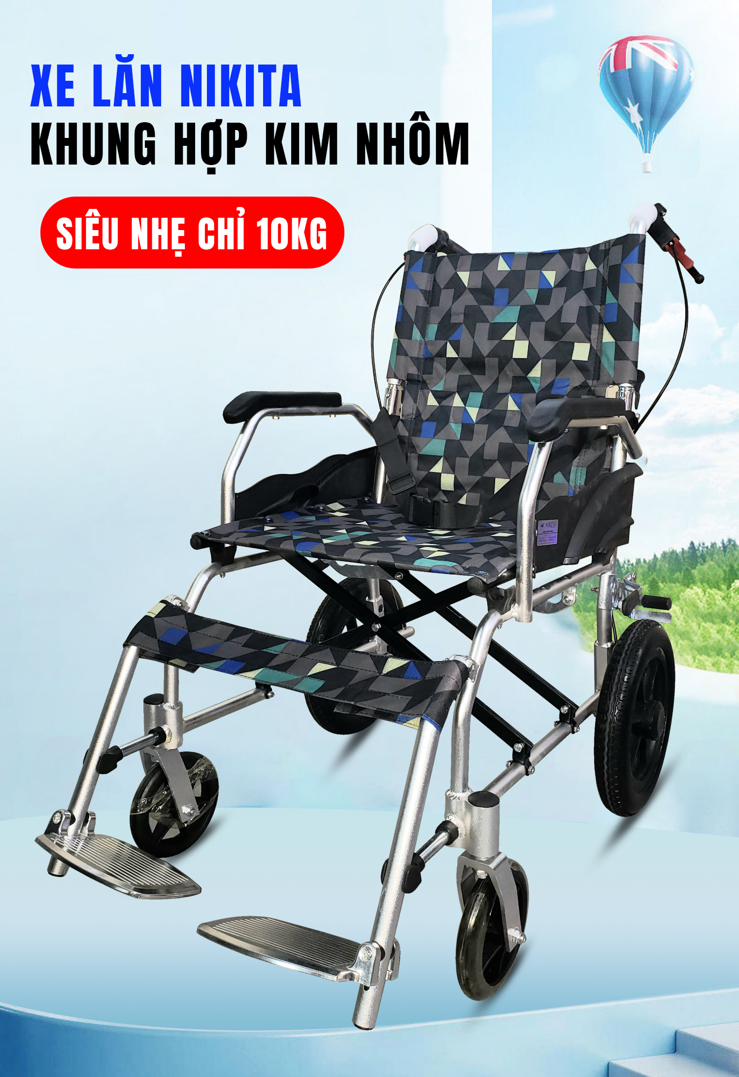 Xe lăn khung nhôm NIKITA, Trọng lượng nhẹ, kích thước xếp gọn siêu nhỏ, có quai xách để xách tay - NIKITA BH 12T