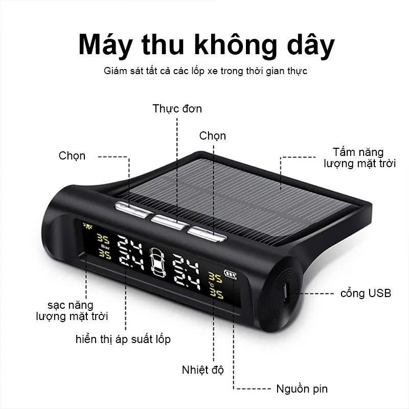 Bộ Cảm Biến Áp Suất Lốp Ô Tô Năng Lượng Mặt Trời – Không Dây, Dễ Lắp, Cảnh Báo Chính Xác, đèn