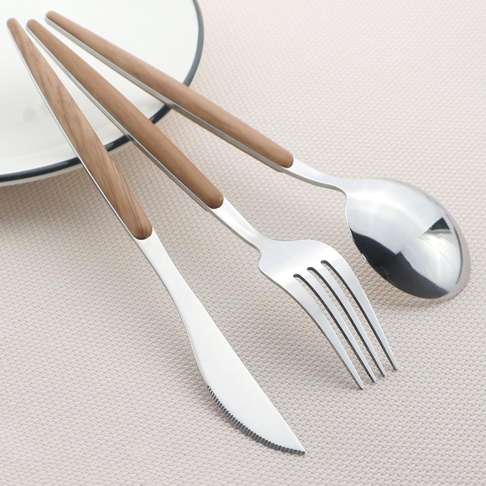 Tay Cầm Bằng Gỗ Bộ Dao Kéo Dao Bằng Thép Không Gỉ Bánh Trái Cây Giỏ Muỗng Nĩa Ăn Tối Bộ Nhà Bếp 5 Cái/bộ Kiềng Bạc Bộ Đồ Ăn