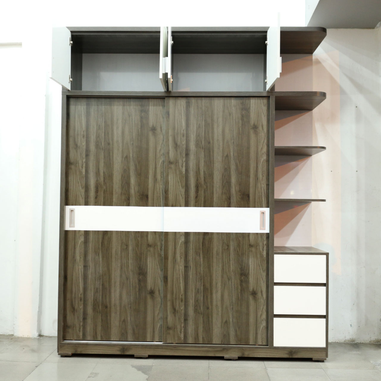Tủ Áo Lùa Kịch Trần Gỗ MDF Melamine Màu Xám Rêu Chỉ Trắng Cao Cấp Viva