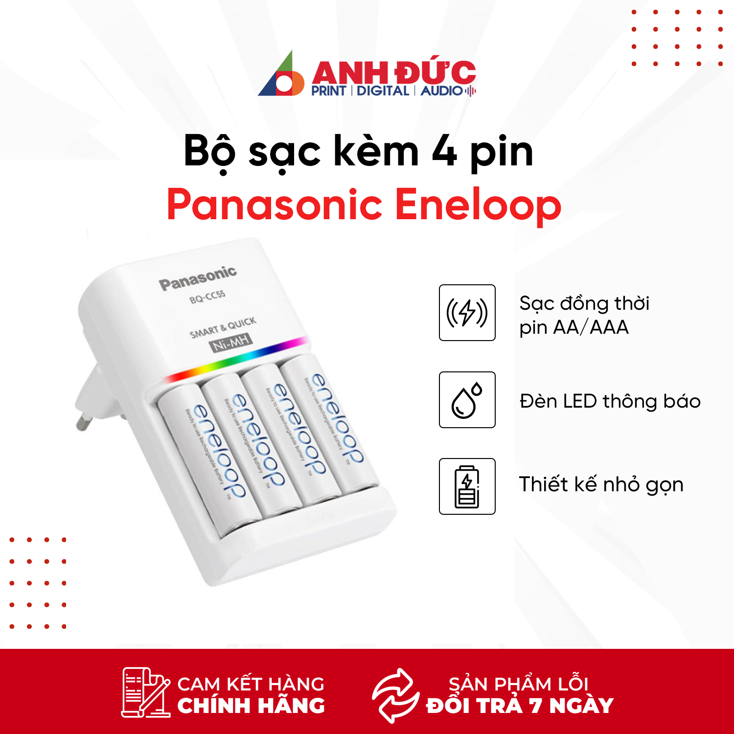 Bộ Sạc Nhanh Panasonic  BQ CC51 (Smart Quick Charger ) Kèm 4 Pin/2 Pin Eneloop AA BK3MCCE 2000 mah Hàng Chính Hãng