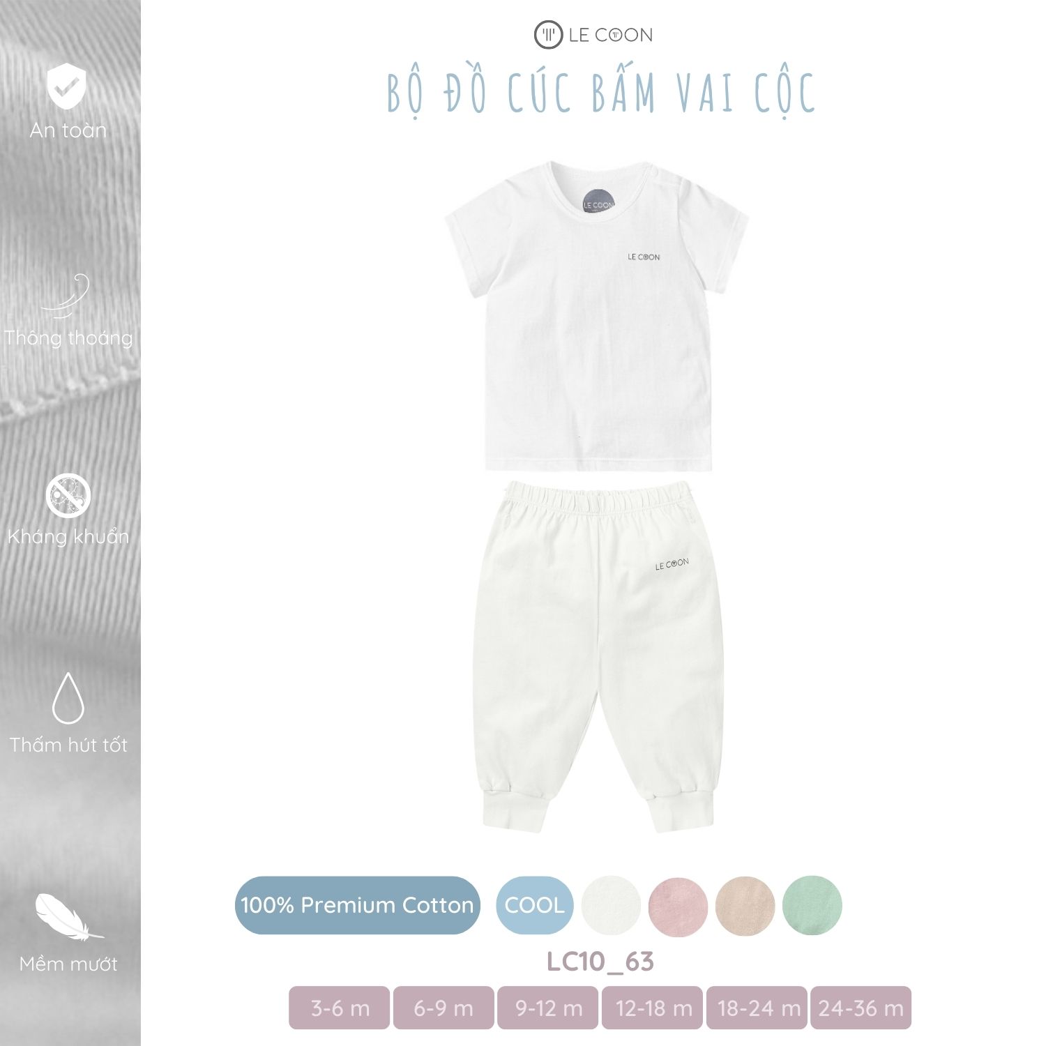 LE COON | Bộ Đồ Cúc Bấm Vai Cộc Tay | Vải COOL mỏng mát | 3 tháng-3 tuổi