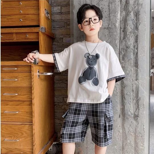 Bộ đồ bé trai CON XINH cotton phối quần caro Gấu nhồi bông,set quần đùi áo thun cho trẻ em từ 4 đến 10 tuổi
