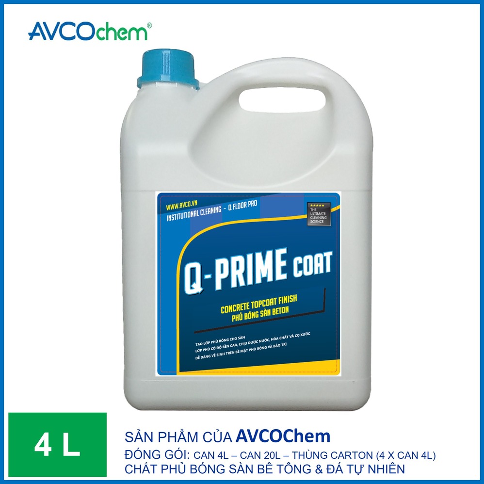 Phủ bóng sàn bê tông AVCOChem - Q PRIME Coat - Siêu bóng bền tiết kiệm - Can 4 lít - Hàng chính hãng