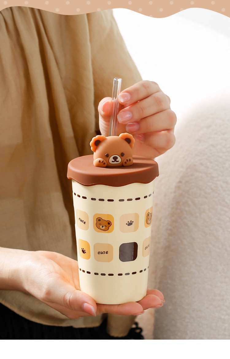 Ly Gốm Sứ Gấu dễ thương 420ML kèm Nắp silicon và Ống hút thủy tinh