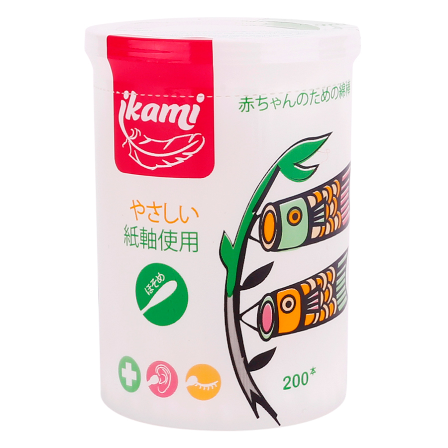 Tăm Bông Ikami Baby Regular Hộp Nắp Bật 2 Đầu Thường GL05 (200 Chiếc / Hộp)