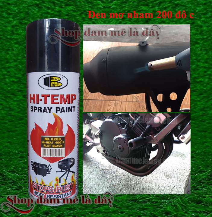 Sơn xịt chịu nhiệt độ cao 200/600 độ C màu đen nhám, đen mờ, sơn pô xe, sơn chống cháy  HI TEMP Bosny dung tích 400ml - Thái Lan