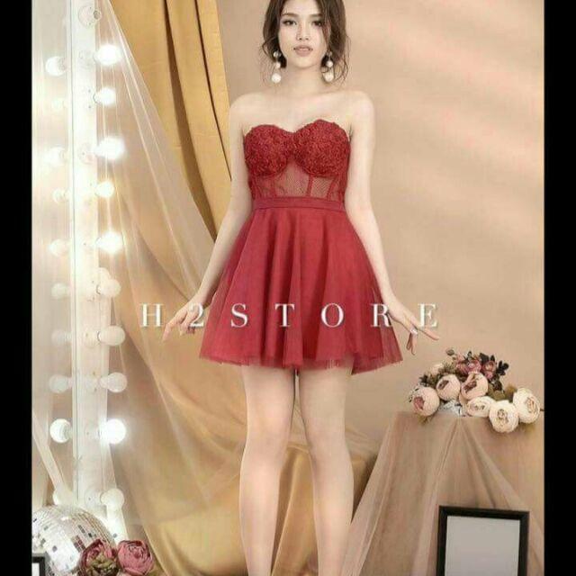Đầm cúp hoa hồng tùng lưới